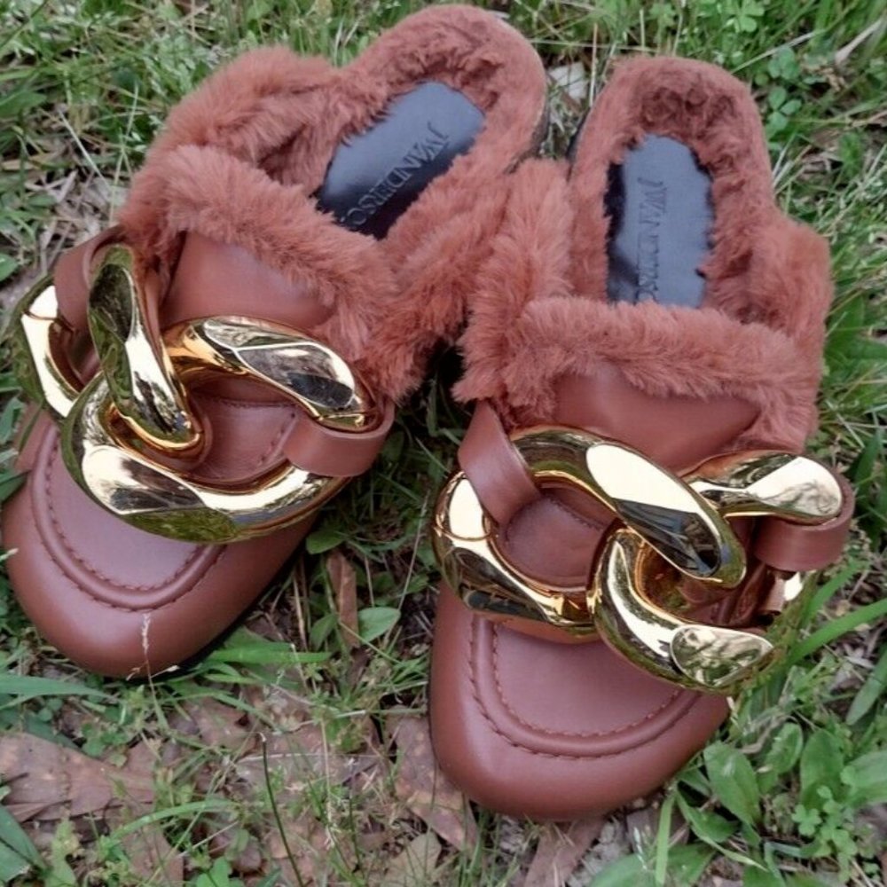 JW Anderson Leather Loafer Shearling Lined Gold Chain Brown Italy NWOT - Picture 2 of 12